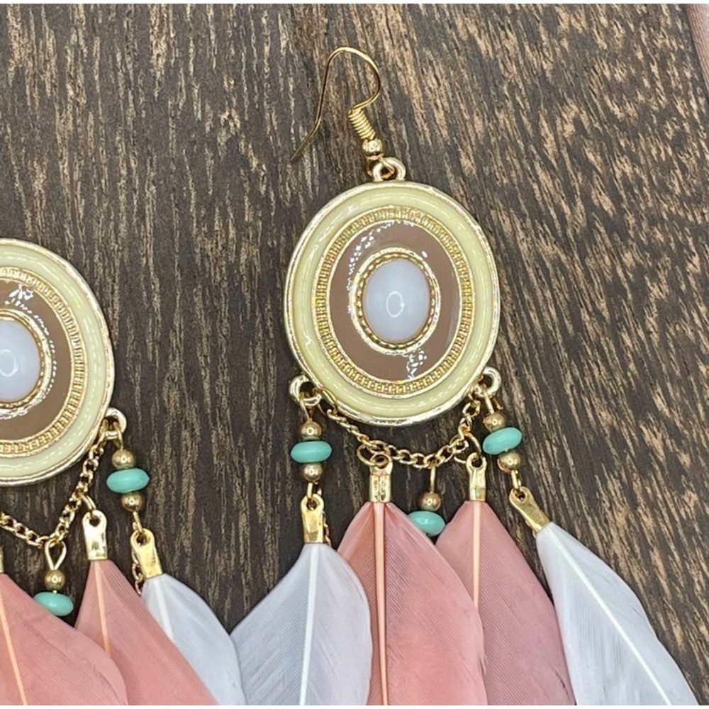 Bohemian Pink And White Feather Turquoise Beaded Earrings - Picture 2 of 3